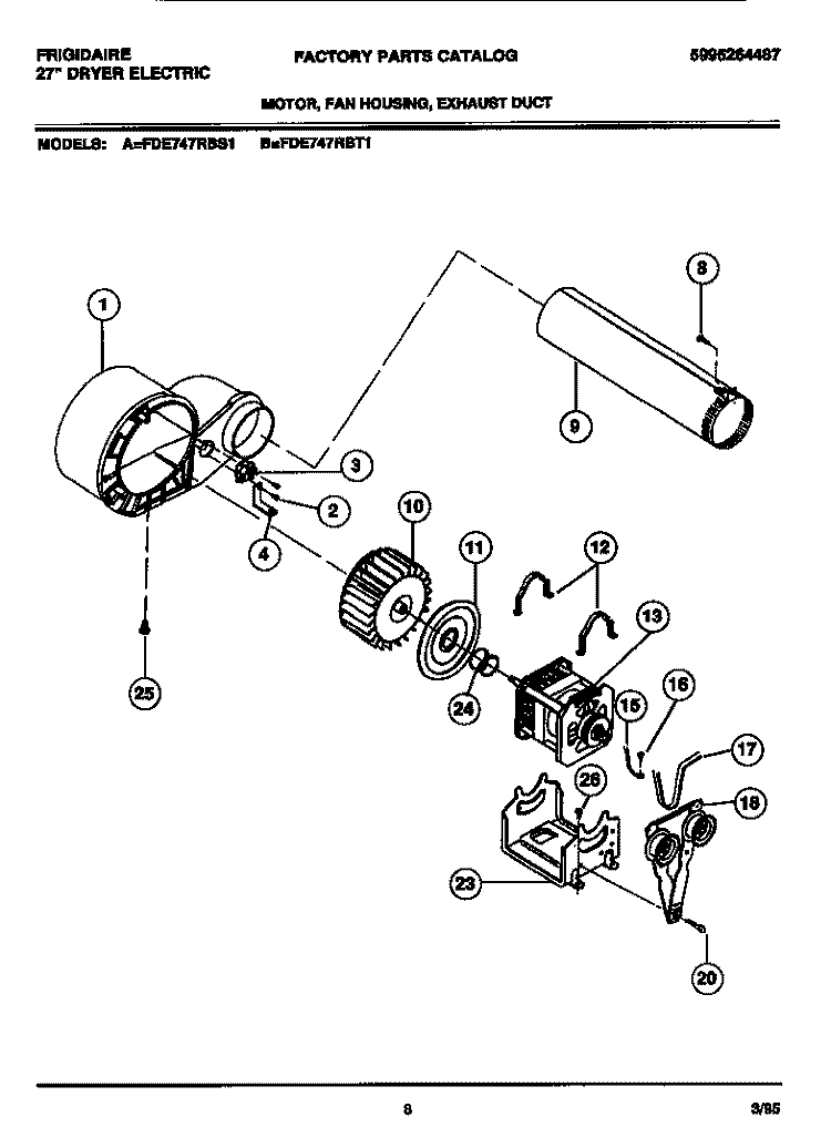 MOTOR, FAN HOUSING, EXHAUST DUCT Diagram and Parts List for FDE747RBS1  Frigidaire Dryer