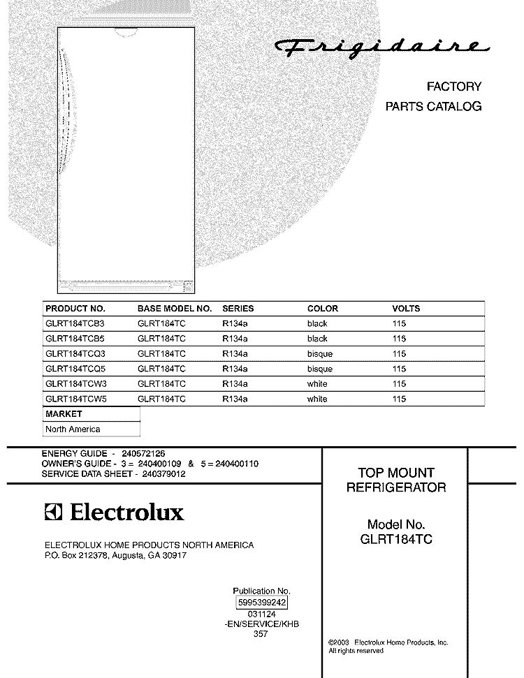 COVER Diagram and Parts List for GLRT184TCB5  Frigidaire Refrigerator