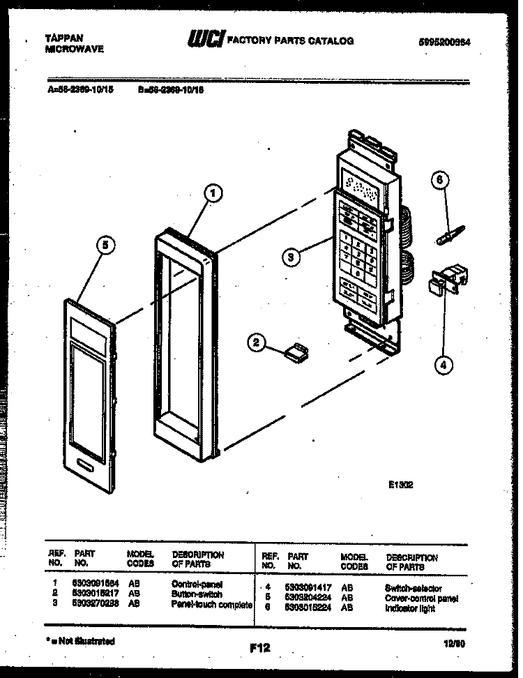 CONTROL PANEL Diagram and Parts List for 56-2369-10-15  Tappan Microwave