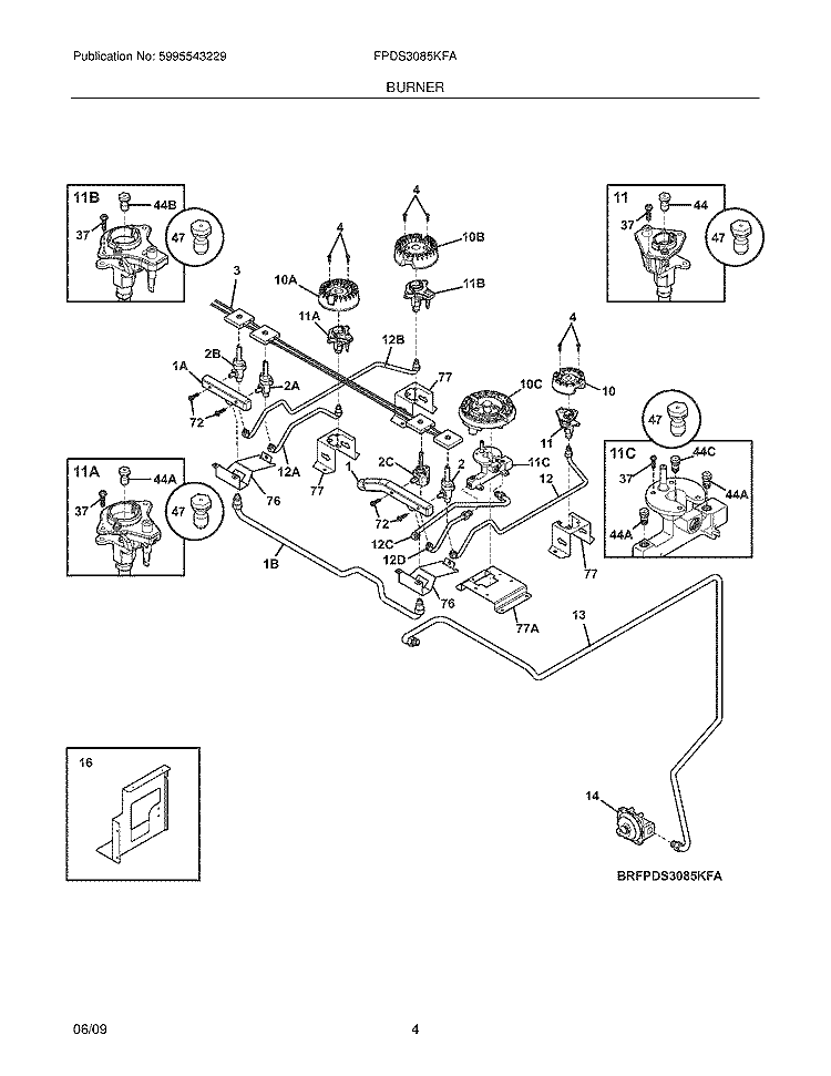 BURNER Diagram and Parts List for FPDS3085KFA  Frigidaire Range