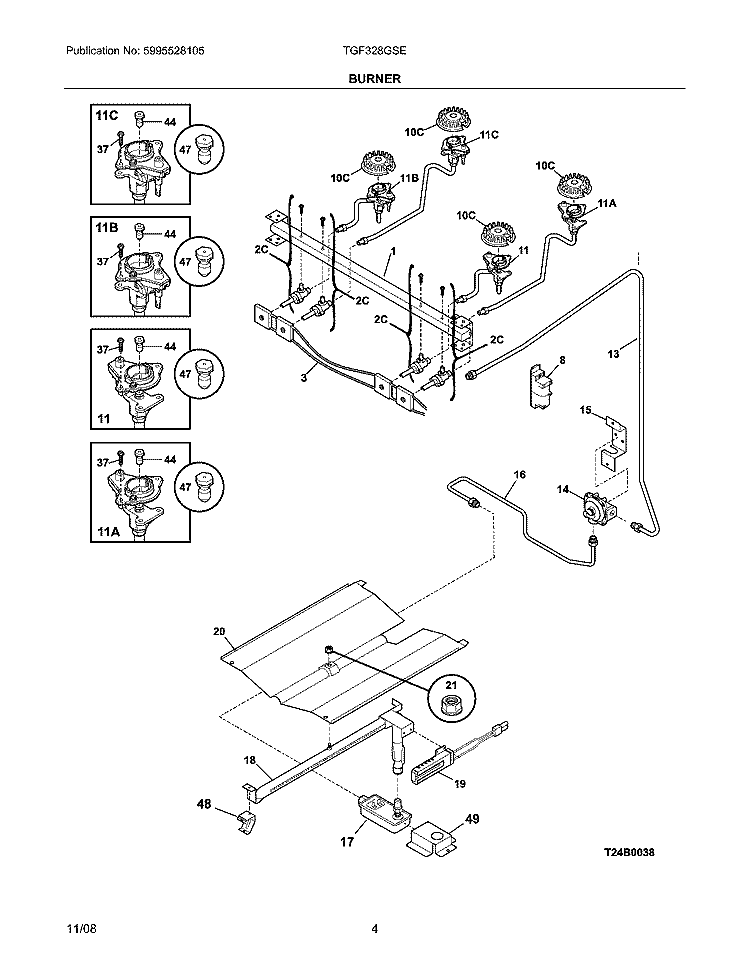BURNER Diagram and Parts List for TGF328GSE  Tappan Range