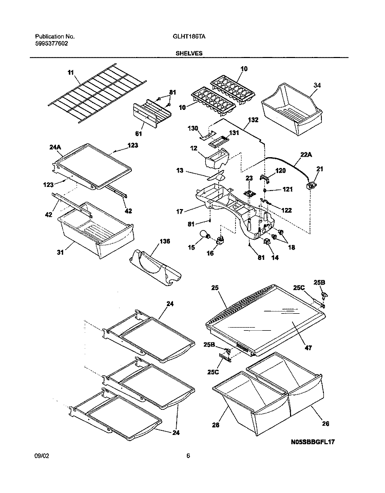 SHELVES Diagram and Parts List for GLHT186TAQ4  Frigidaire Refrigerator