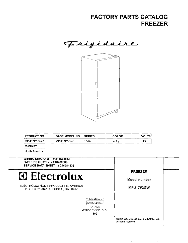 COVER Diagram and Parts List for MFU17F3GW8  Frigidaire Freezer