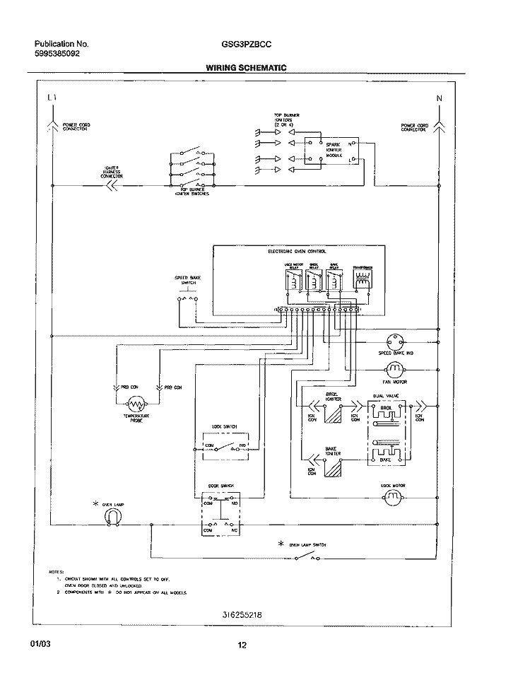WIRING SCHEMATIC Diagram and Parts List for GSG3PZBCC  Frigidaire Range