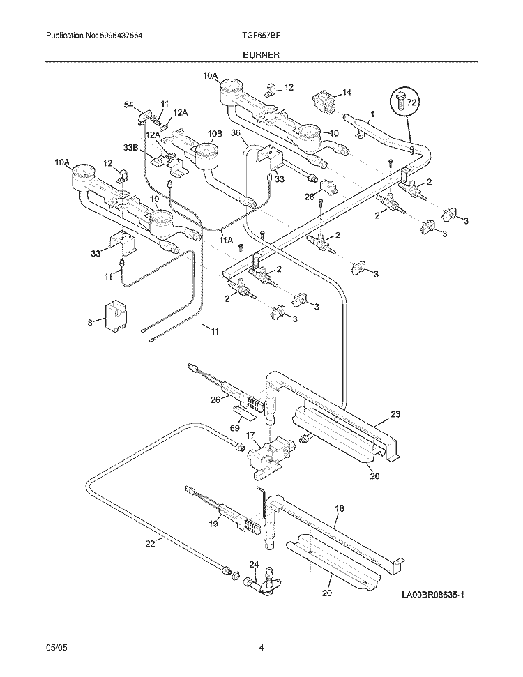 BURNER Diagram and Parts List for TGF657BFB7  Tappan Range