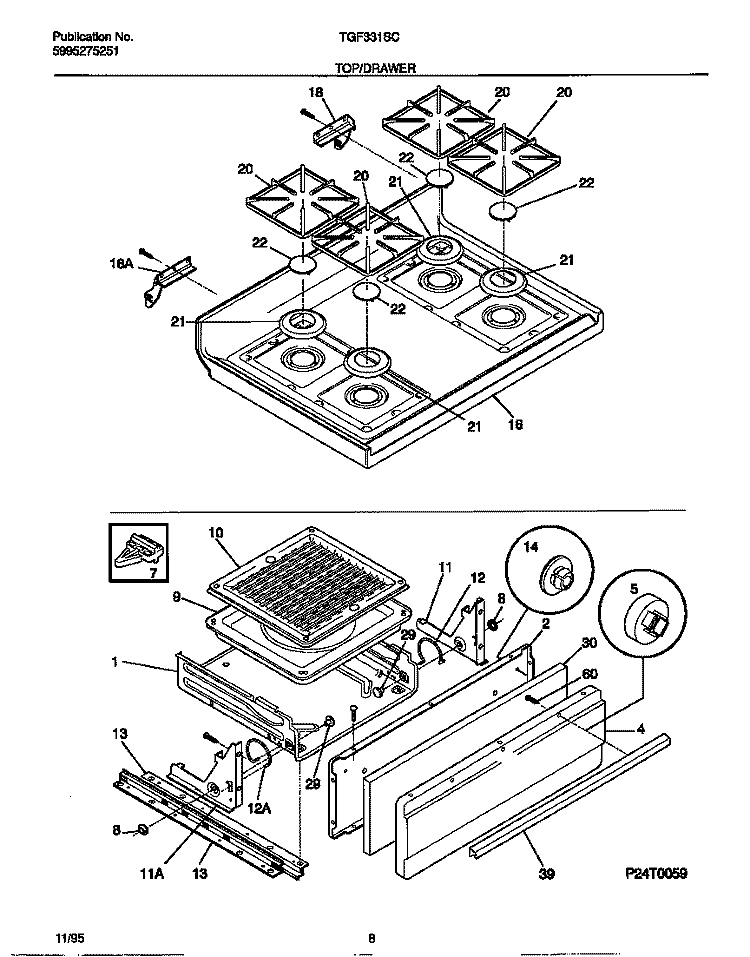 TOP / DRAWER Diagram and Parts List for TGF331SCWB  Tappan Range