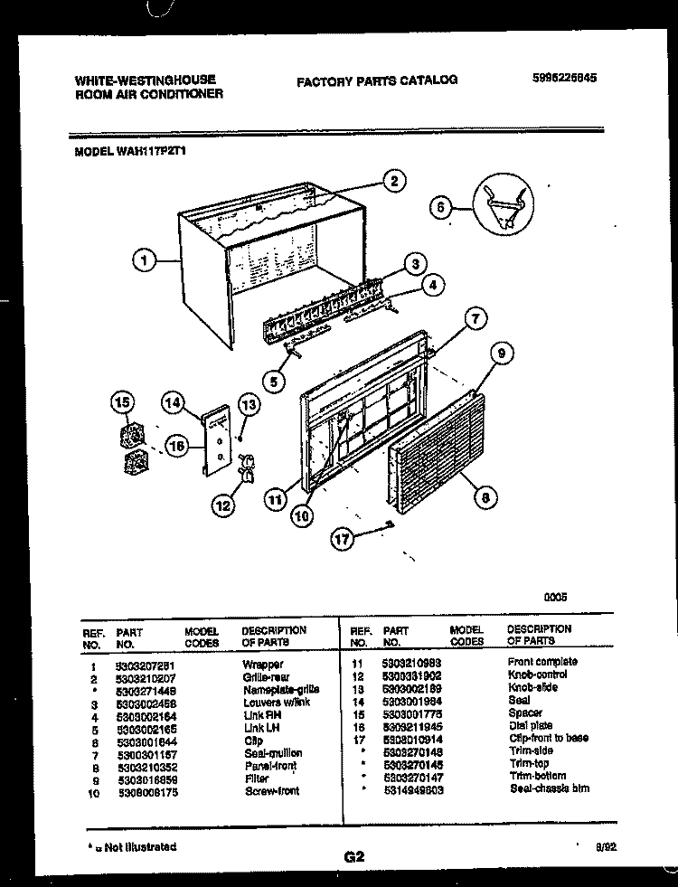 CABINET PARTS Diagram and Parts List for WAH117P2T1  Frigidaire Air Conditioner