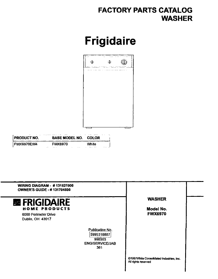 COVER Diagram and Parts List for FWX6970EW4  Frigidaire Washer