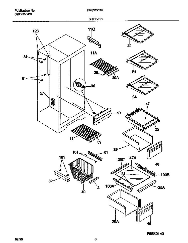 SHELVES Diagram and Parts List for FRS22ZRHD2  Frigidaire Refrigerator