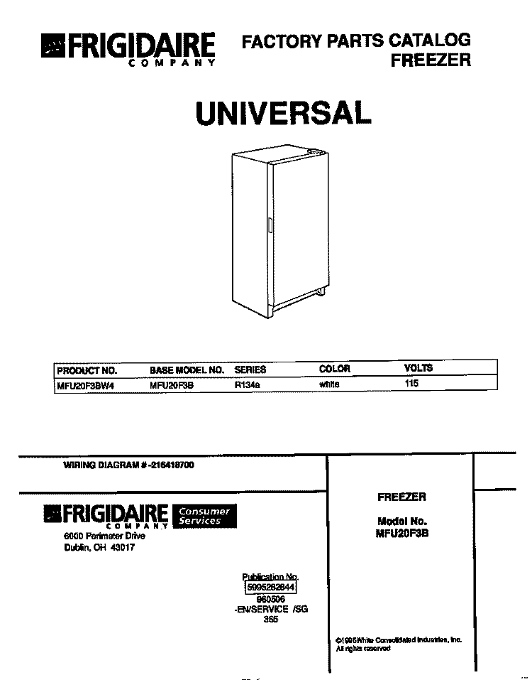 COVER Diagram and Parts List for MFU20F3BW4  Frigidaire Freezer