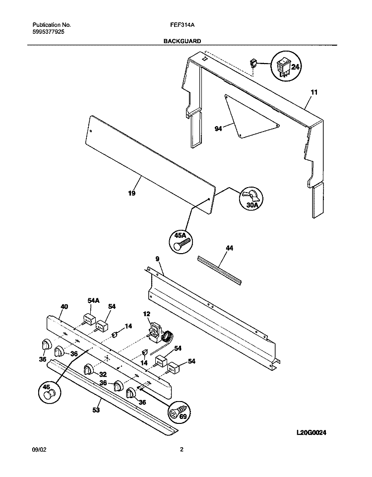 BACKGUARD Diagram and Parts List for FEF314AUB  Frigidaire Range