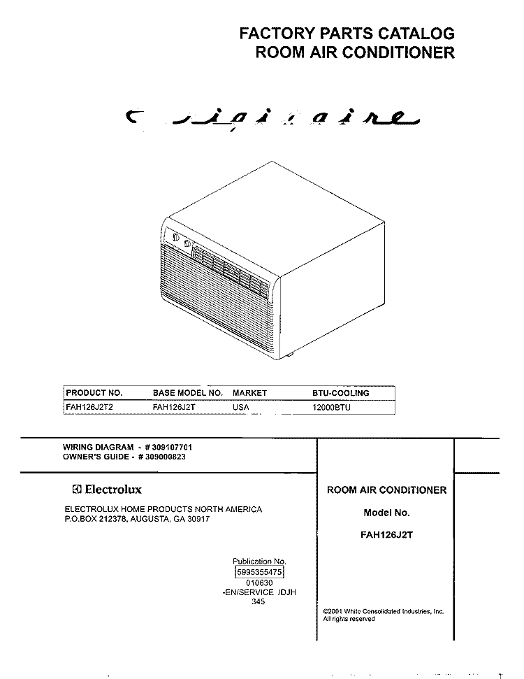 COVER Diagram and Parts List for FAH126J2T2  Frigidaire Air Conditioner
