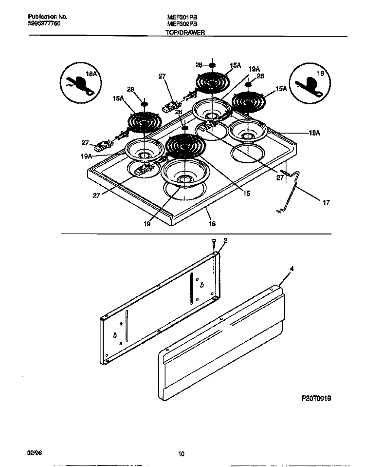 TOP / DRAWER Diagram and Parts List for MEF302PBWF  Frigidaire Range