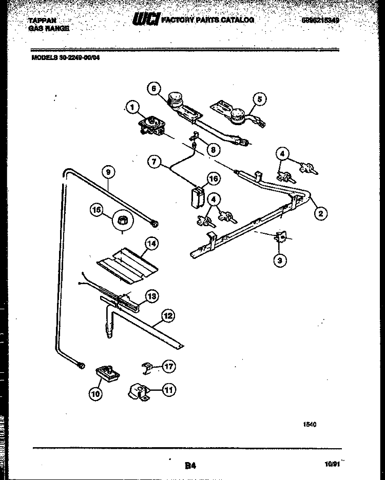 BURNER, MANIFOLD AND GAS CONTROL Diagram and Parts List for 30-2249-00-04  Tappan Range