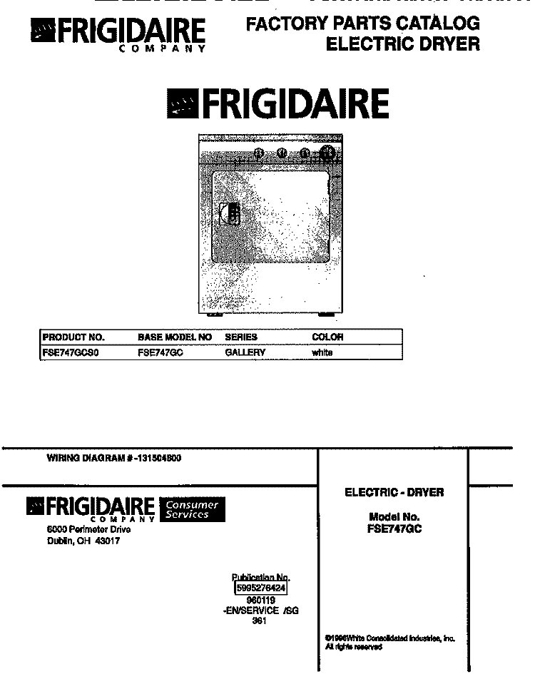 COVER Diagram and Parts List for FSE747GCS0  Frigidaire Dryer
