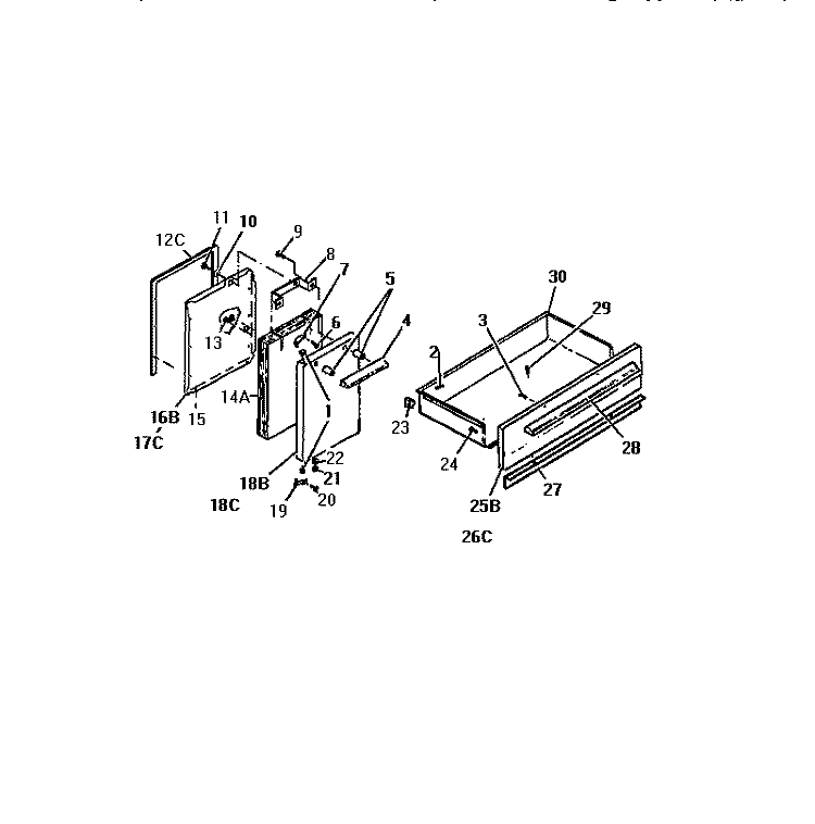OVEN DOOR, STORAGE COMPARTMENT DOOR Diagram and Parts List for REG46CW0  Frigidaire Range