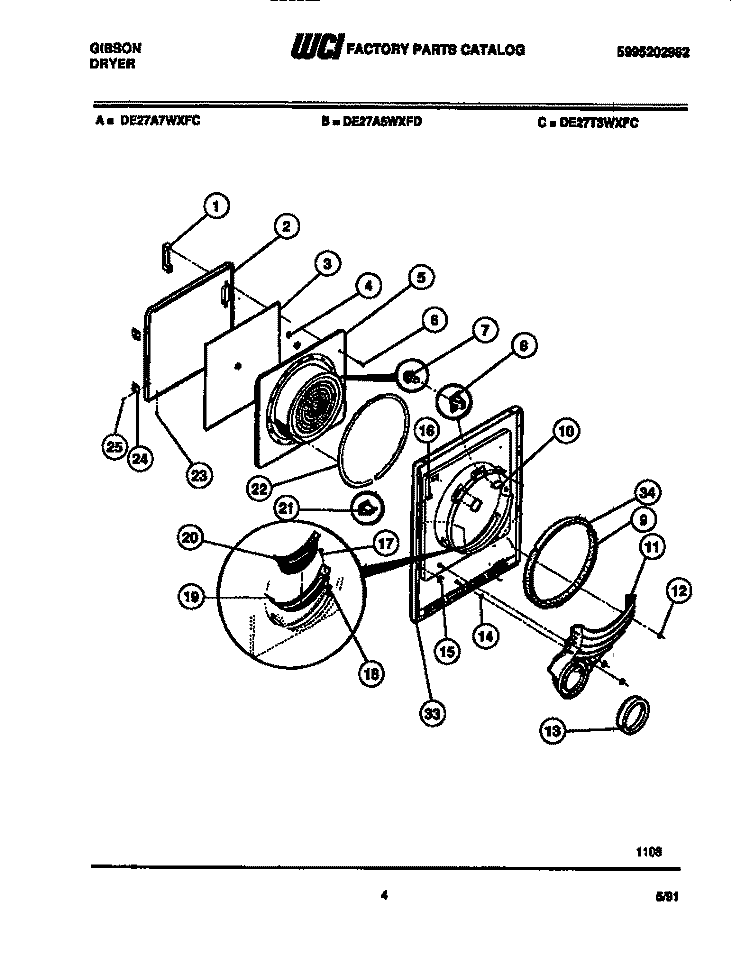DOOR PARTS Diagram and Parts List for DE27T3WXFD  Gibson Dryer