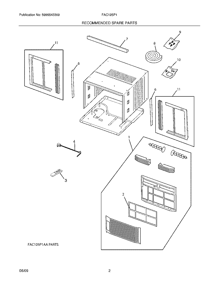 RECOMMENDED SPARE PARTS Diagram and Parts List for FAC125P1AA  Frigidaire Air Conditioner