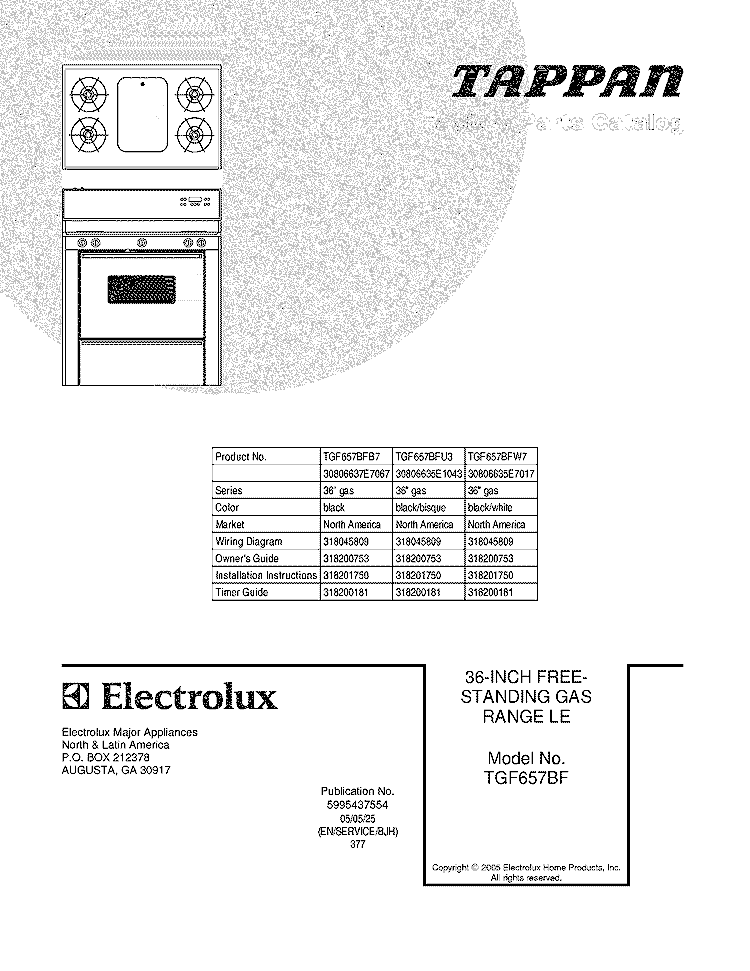 COVER Diagram and Parts List for TGF657BFB7  Tappan Range