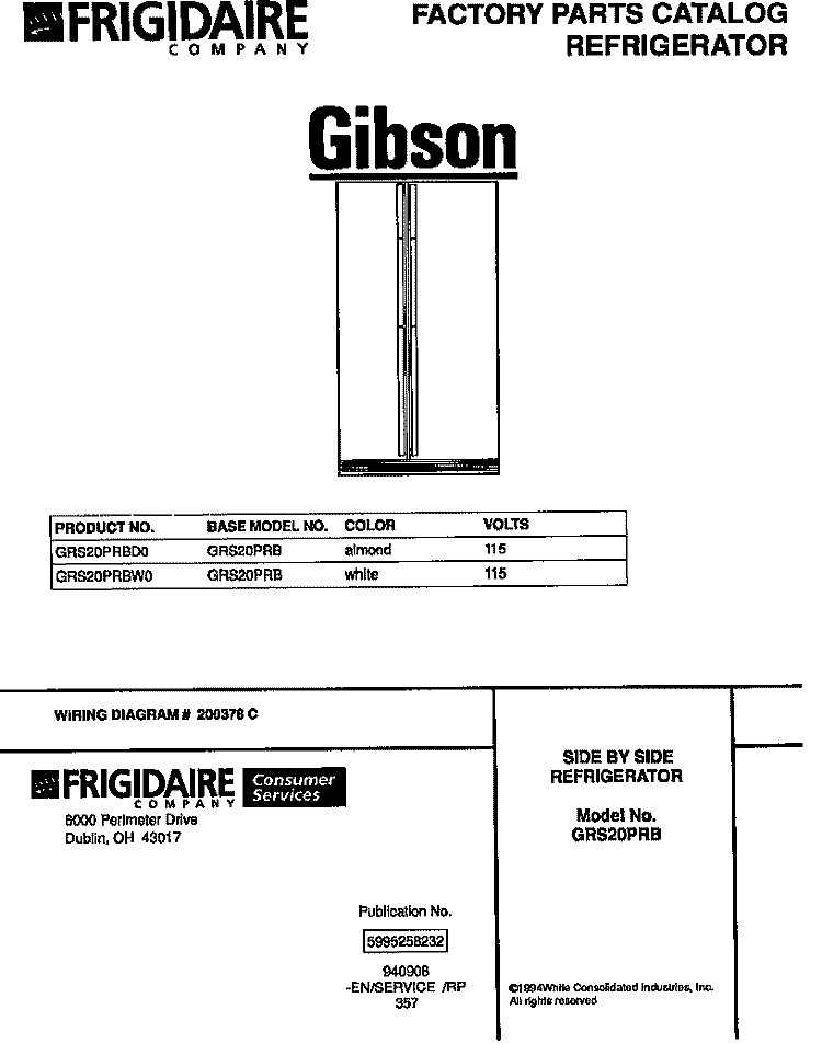 SIDE BY SIDE REFRIGERATOR Diagram and Parts List for GRS20PRBD0  Gibson Refrigerator