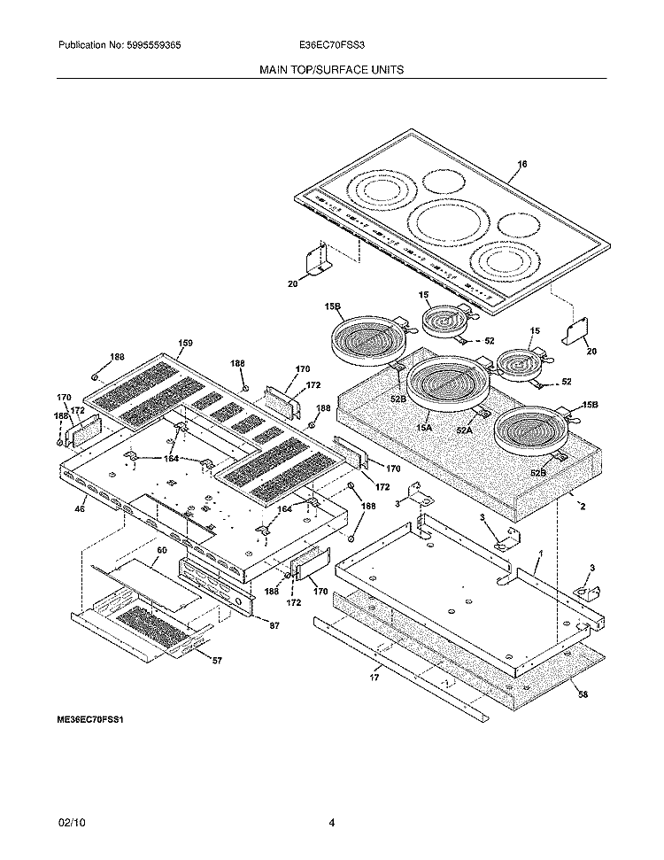 MAINTOP/SURFACE UNITS Diagram and Parts List for E36EC70FSS3  Electrolux Cooktop