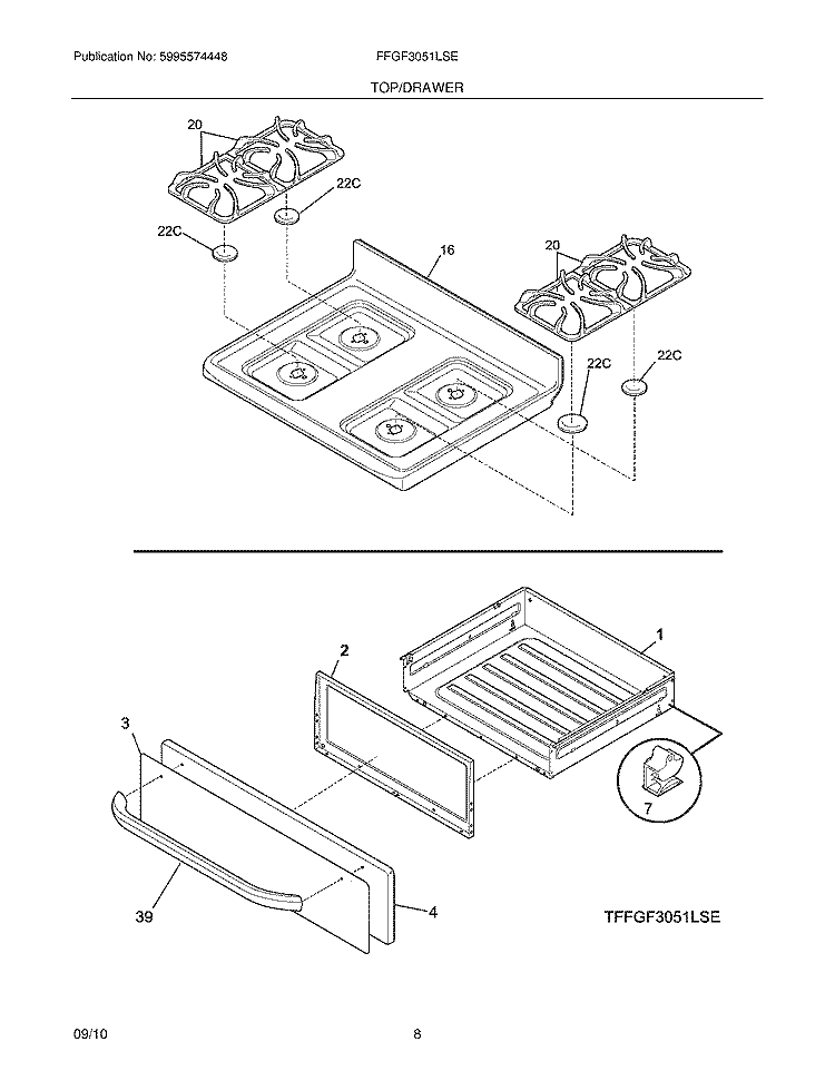 TOP/DRAWER Diagram and Parts List for FFGF3051LSE  Frigidaire Range