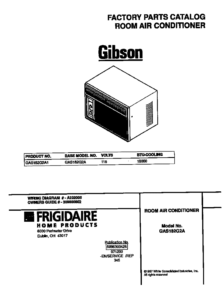 COVER Diagram and Parts List for GAS182G2A1  Gibson Air Conditioner