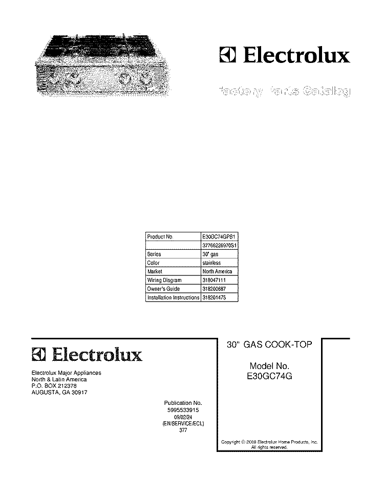 COVER Diagram and Parts List for E30GC74GPS1  Electrolux Cooktop