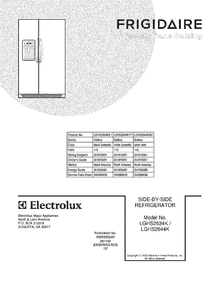 COVER Diagram and Parts List for LGHS2634KP1  Frigidaire Refrigerator