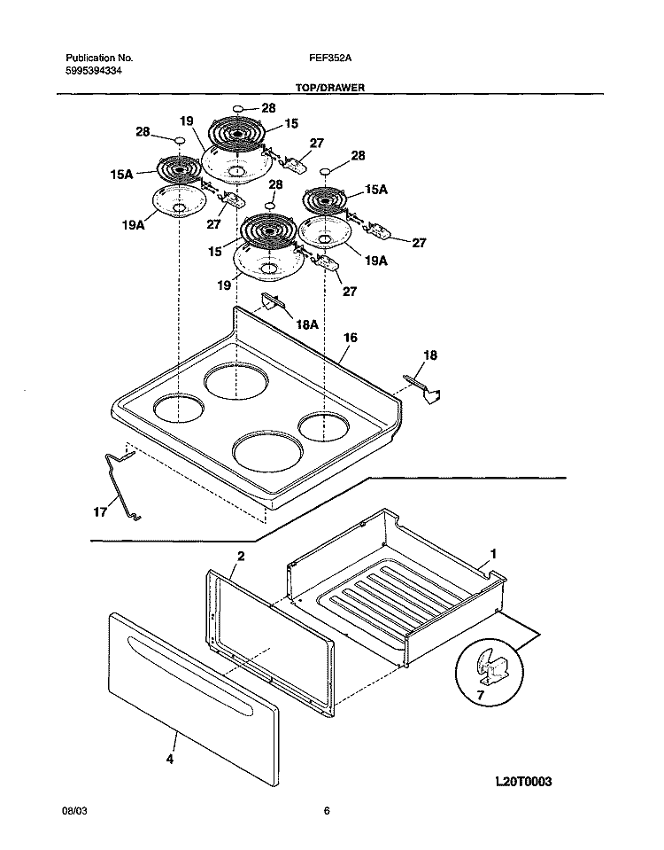 TOP / DRAWER Diagram and Parts List for FEF352AUF  Frigidaire Range