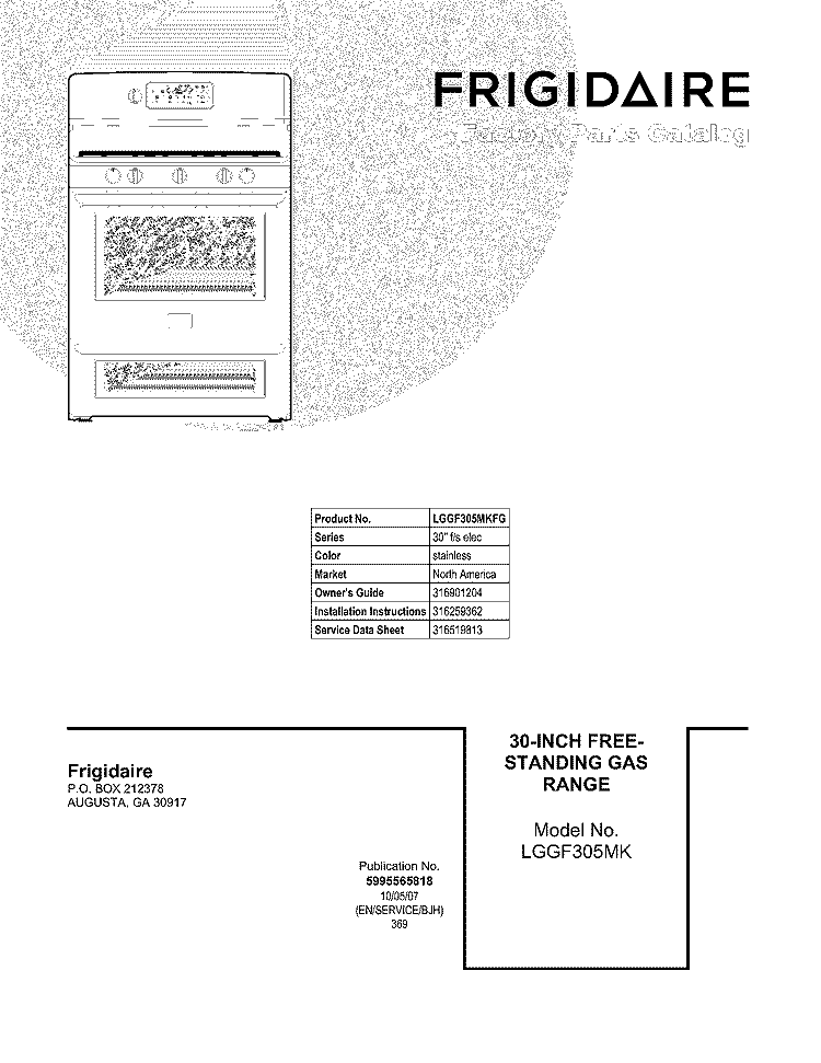 COVER Diagram and Parts List for LGGF305MKFG  Frigidaire Range