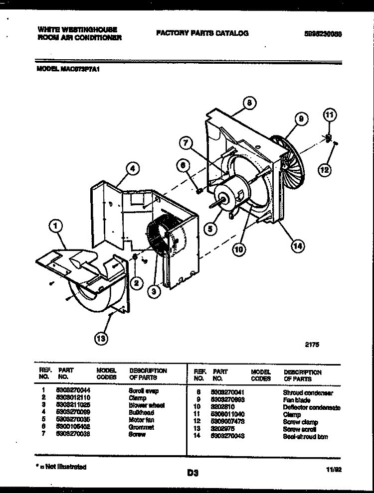 AIR HANDLING PARTS Diagram and Parts List for MAC073P7A1  Frigidaire Air Conditioner