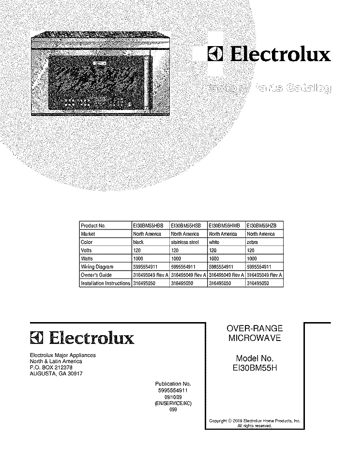 COVER Diagram and Parts List for EI30BM55HWB  Electrolux Microwave
