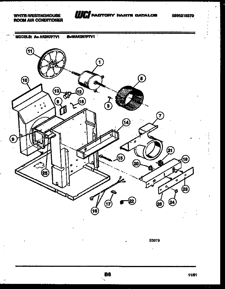 ELECTRICAL AND AIR HANDLING PARTS Diagram and Parts List for WAK087P7V1  Frigidaire Air Conditioner