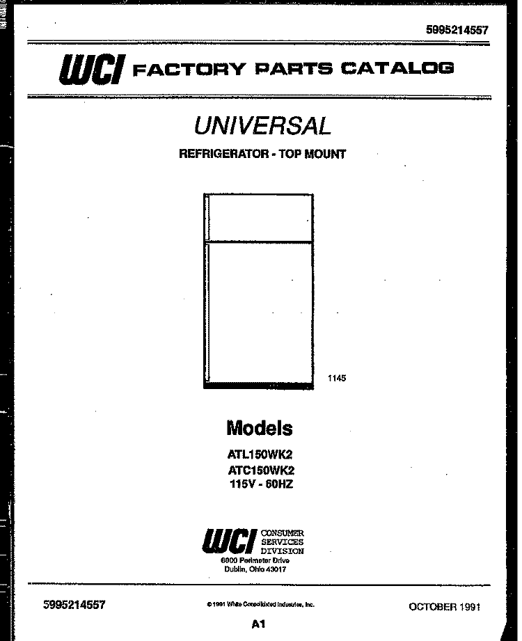 COVER Diagram and Parts List for ATC150WKW2  Frigidaire Refrigerator