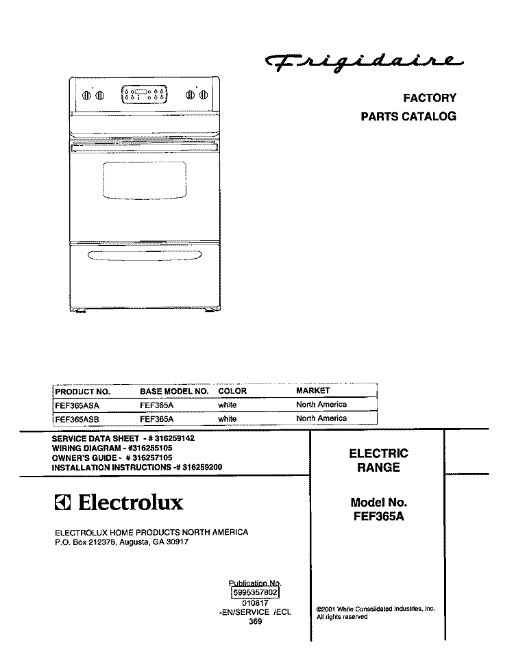COVER Diagram and Parts List for FEF365ASA  Frigidaire Range