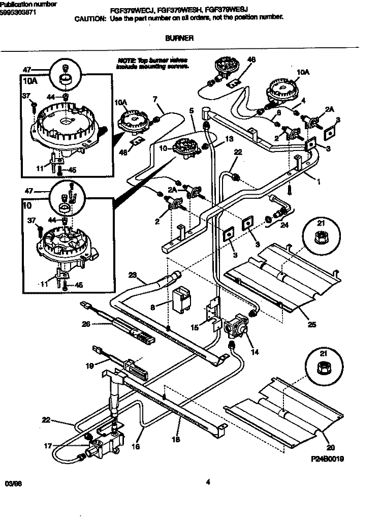BURNER Diagram and Parts List for FGF379WESJ  Frigidaire Range