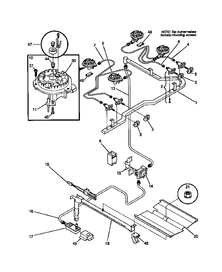 BURNER Diagram and Parts List for WGF325BADB  Frigidaire Range