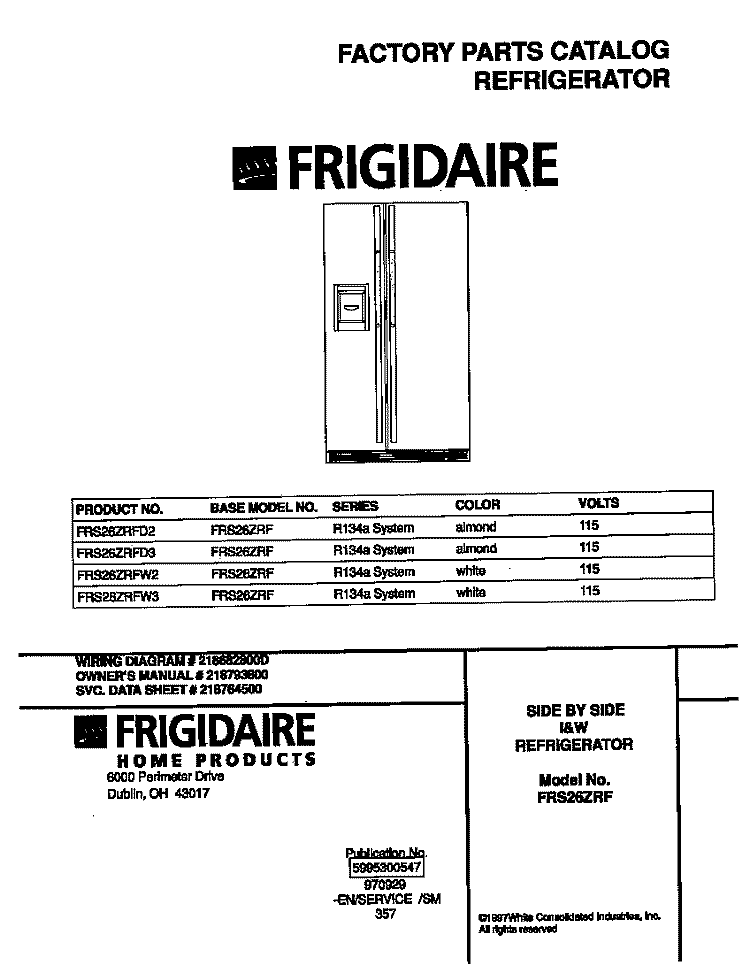 COVER Diagram and Parts List for FRS26ZRFW3  Frigidaire Refrigerator