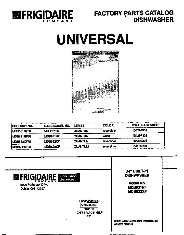 COVER Diagram and Parts List for MDB631RFR1  Frigidaire Dishwasher