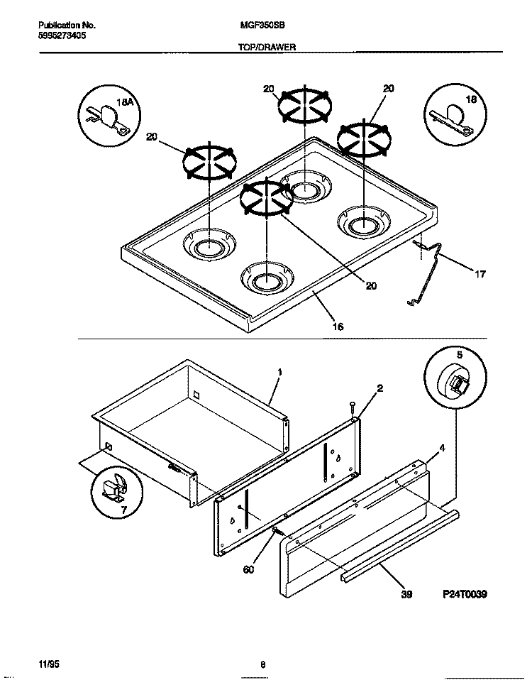 TOP / DRAWER Diagram and Parts List for MGF350SBDB  Frigidaire Range