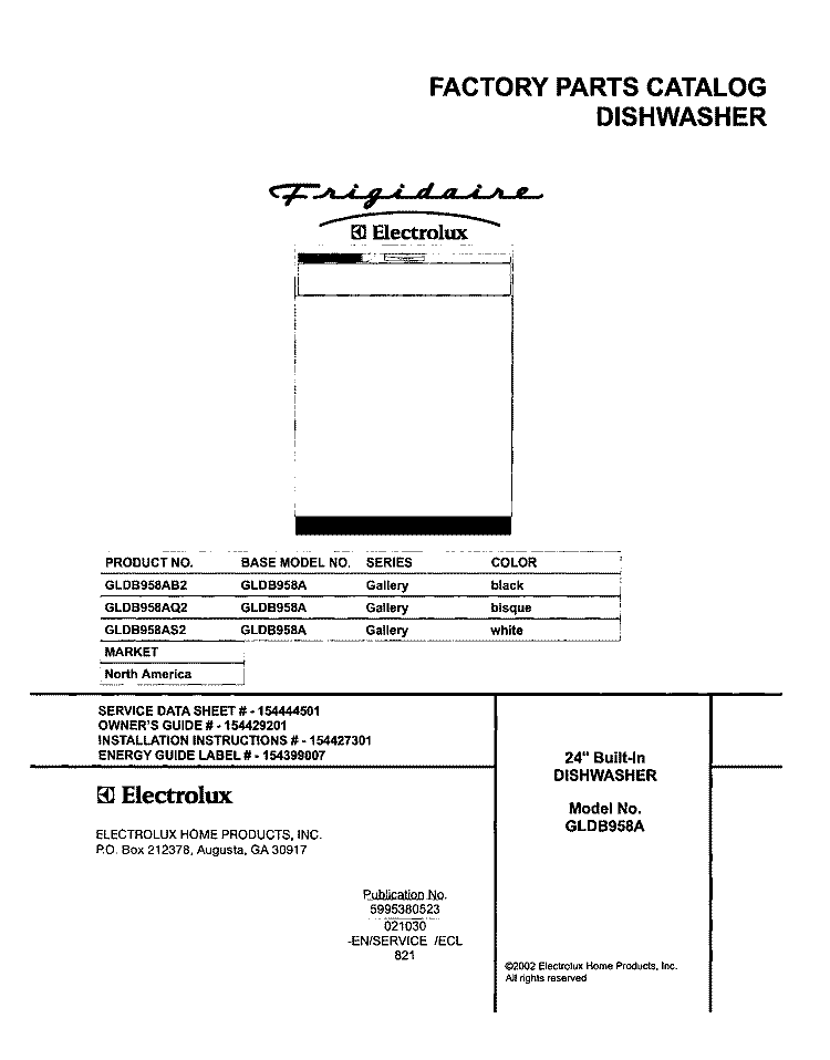COVER Diagram and Parts List for GLDB958AB2  Frigidaire Dishwasher