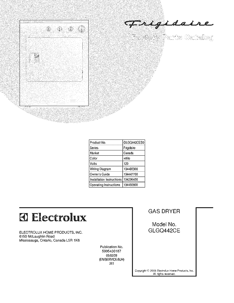 COVER Diagram and Parts List for GLGQ442CES0  Frigidaire Dryer