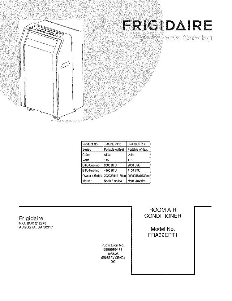 COVER Diagram and Parts List for FRA09EPT10  Frigidaire Air Conditioner