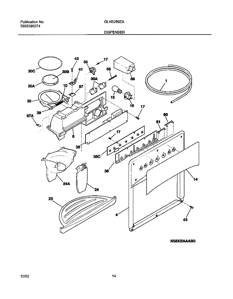 DISPENSER Diagram and Parts List for GLHS280ZAB5  Frigidaire Refrigerator