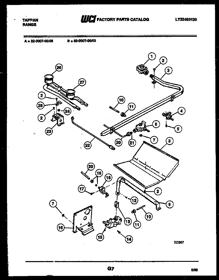 BURNER, MANIFOLD AND GAS CONTROL Diagram and Parts List for 32-0007-23-03  Tappan Range