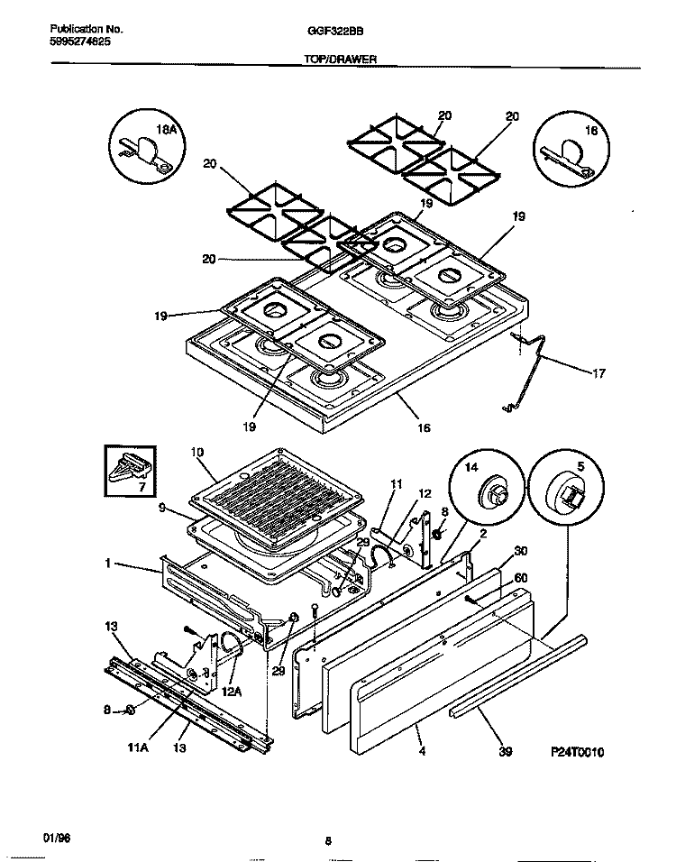 TOP / DRAWER Diagram and Parts List for GGF322BBWD  Gibson Range