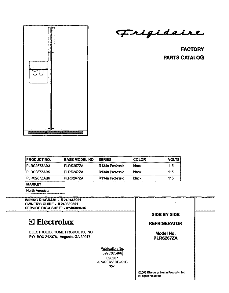 COVER Diagram and Parts List for PLRS267ZAB3  Frigidaire Refrigerator