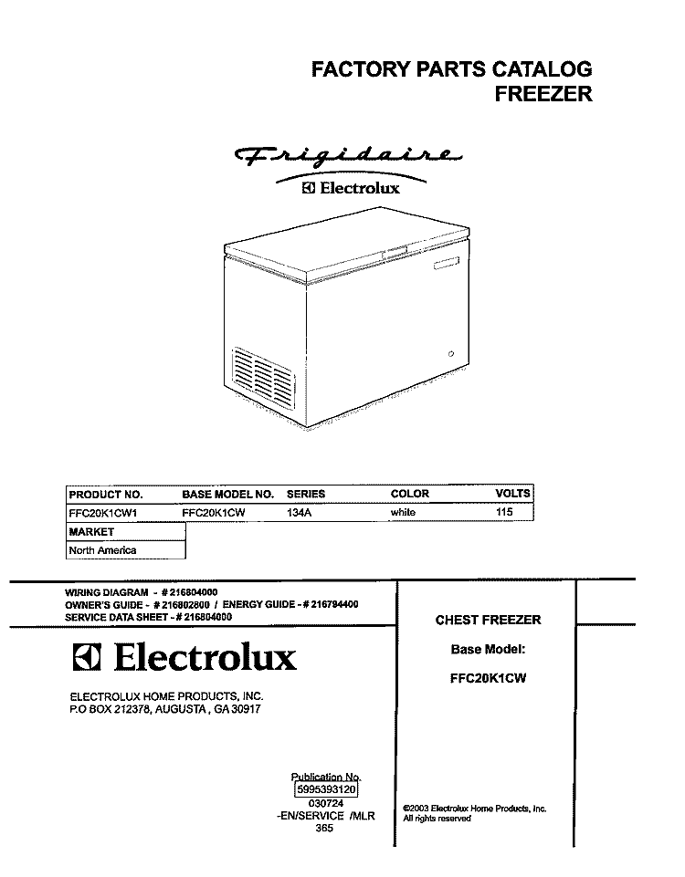 COVER Diagram and Parts List for FFC20K1CW1  Frigidaire Freezer