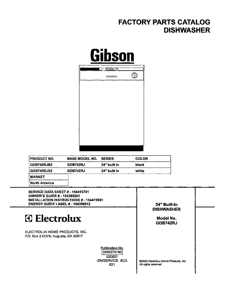 COVER Diagram and Parts List for GDB742RJS2  Gibson Dishwasher